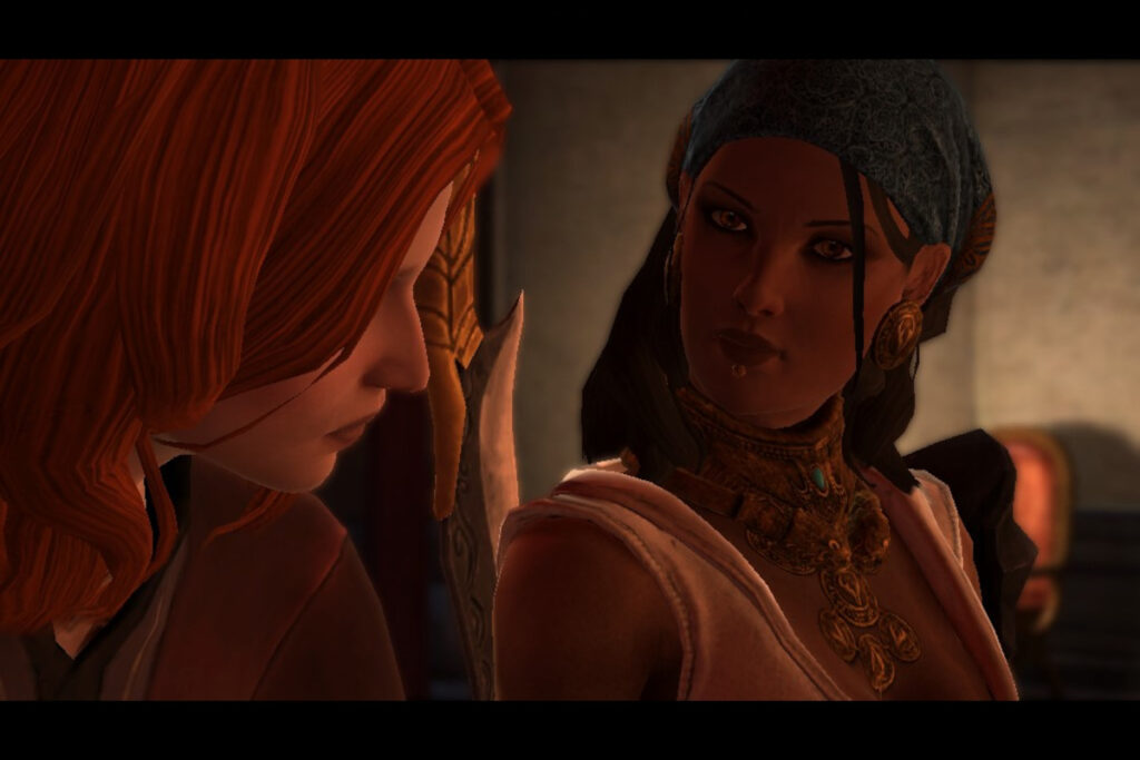 Isabela (right) and the female protagonist, Hawke (left) from Dragon Age II